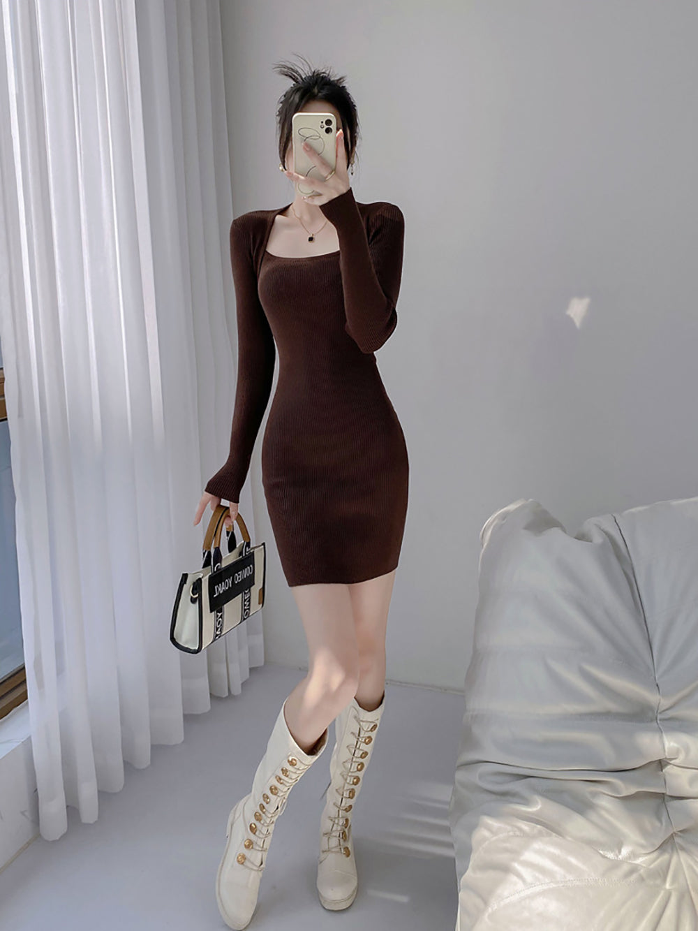 Women Square Neck Bodycon Dress