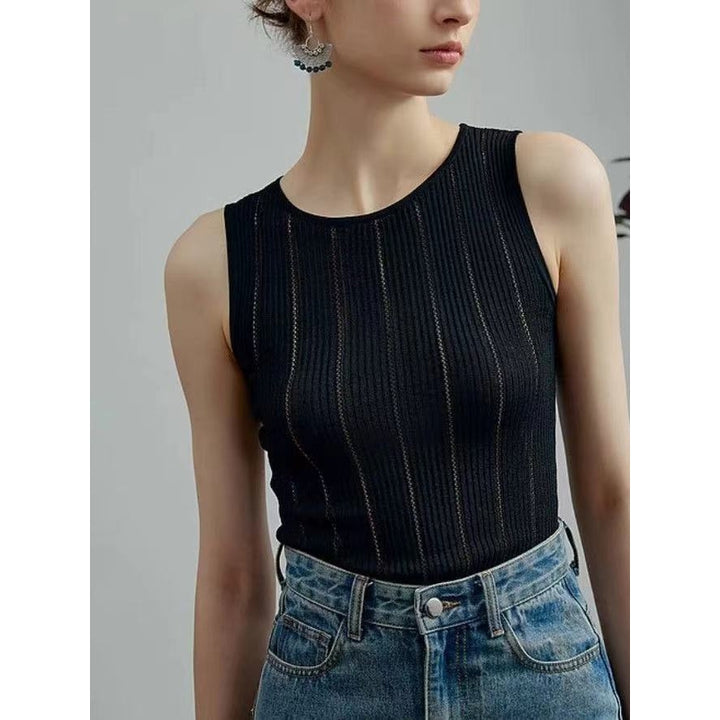 Women Solid Striped Sleeveless Casual Top