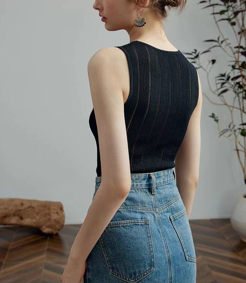 Women Solid Striped Sleeveless Casual Top
