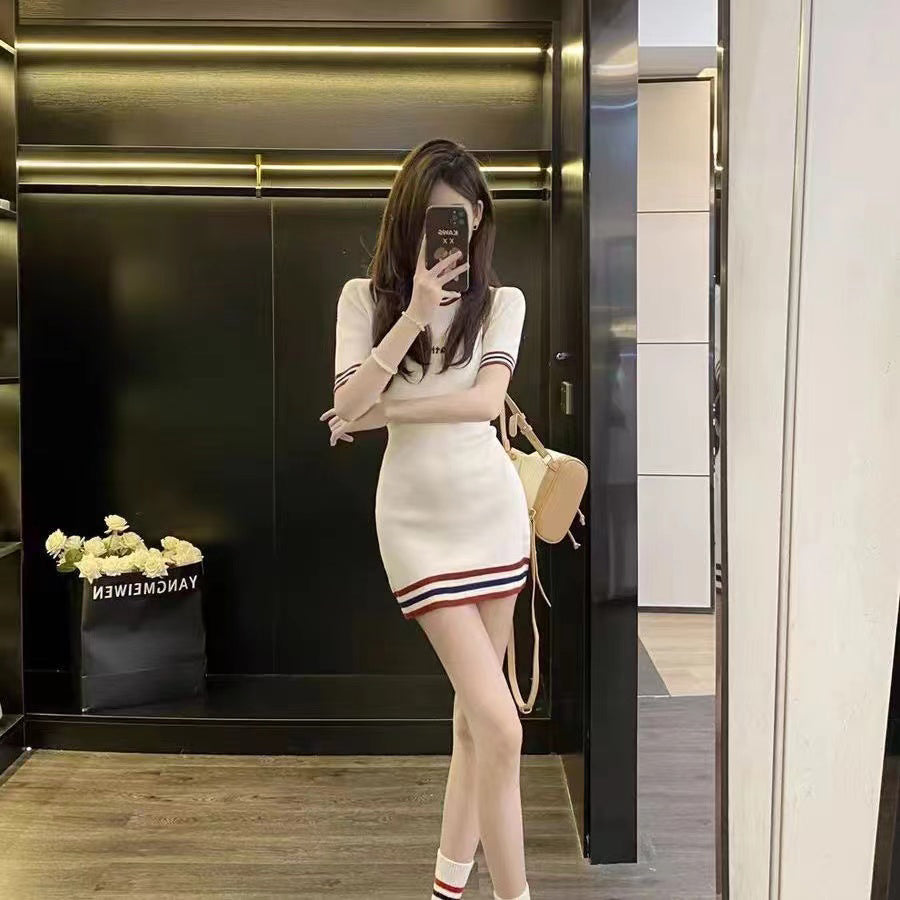 Women Striped Round Neck Sheath Dress