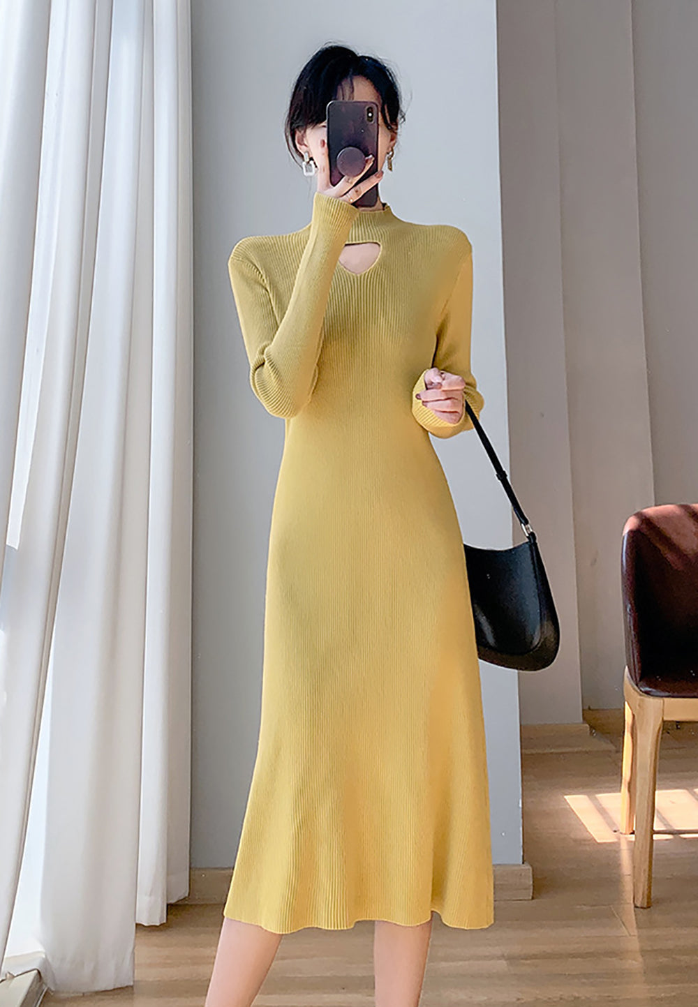 Women Solid Sheath Midi Dress Detail Cut-Outs