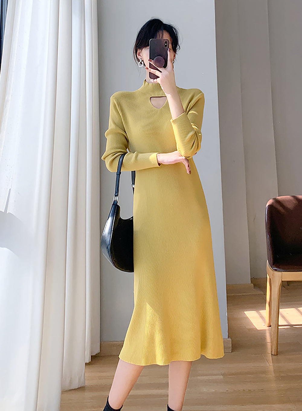 Women Solid Sheath Midi Dress Detail Cut-Outs