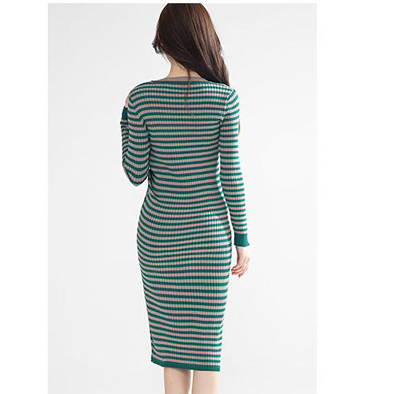 Green Striped Round Neck Bodycon Midi Dress