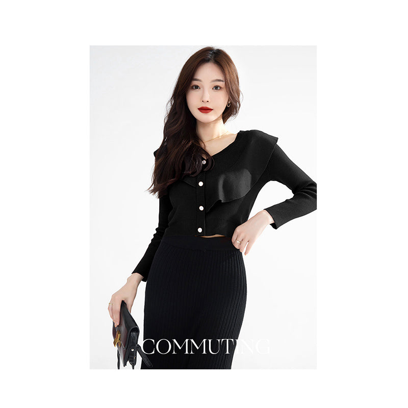 Black V-Neck Ruffled Crop Top