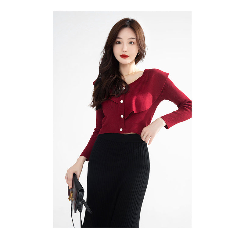 Maroon Ribbed Crop Cardigan Sweater