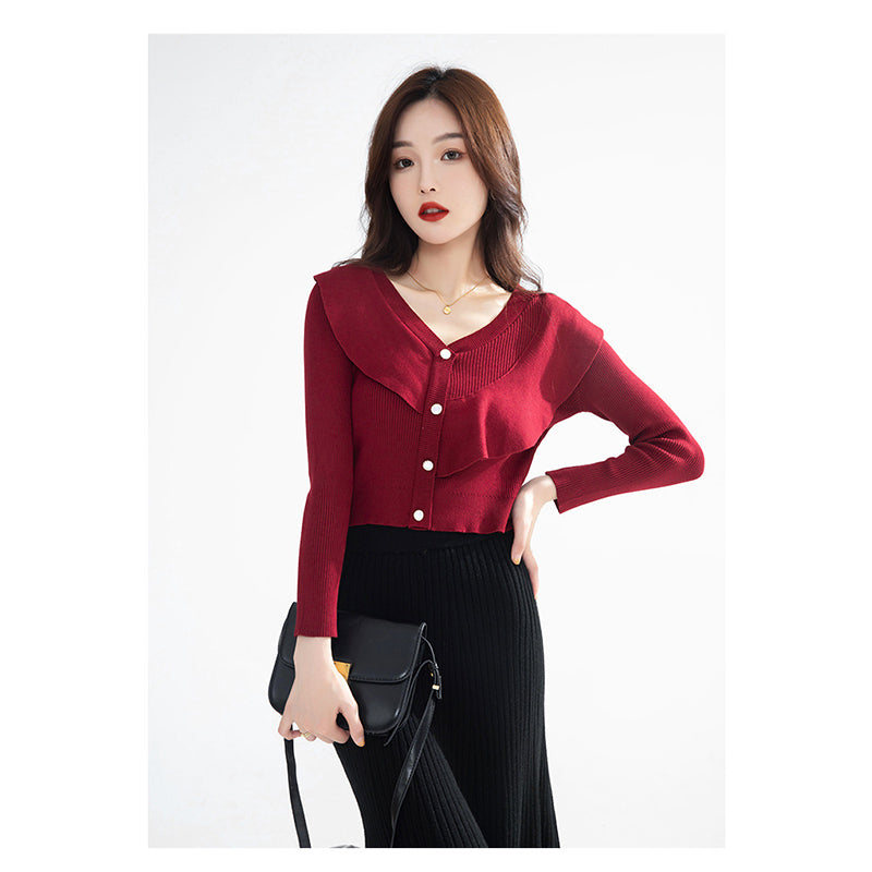 Maroon Ribbed Crop Cardigan Sweater