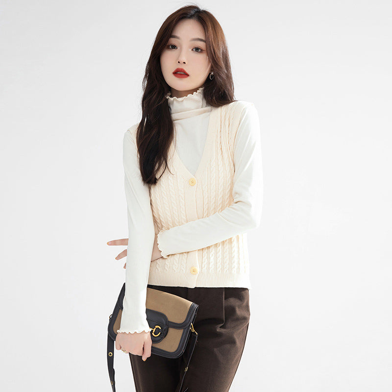 Beige Self Design Cable Knit Cardigan Sweater