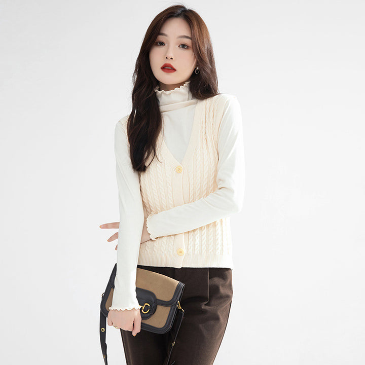 Beige Self Design Cable Knit Cardigan Sweater