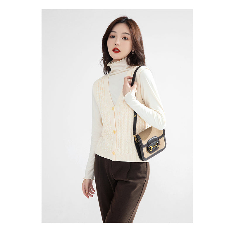 Beige Self Design Cable Knit Cardigan Sweater