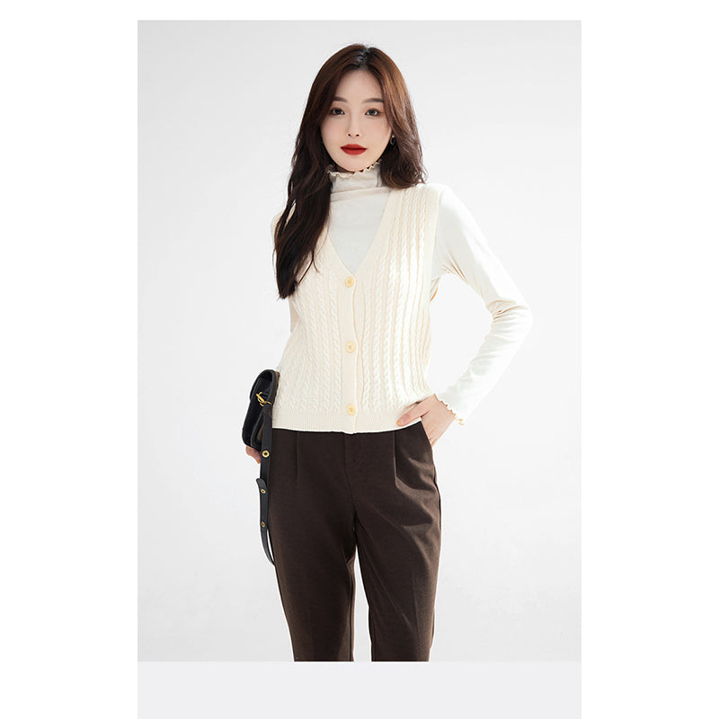 Beige Self Design Cable Knit Cardigan Sweater