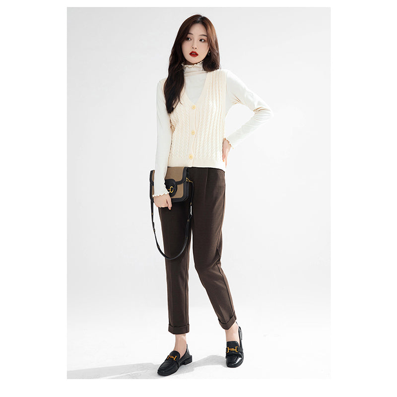 Beige Self Design Cable Knit Cardigan Sweater