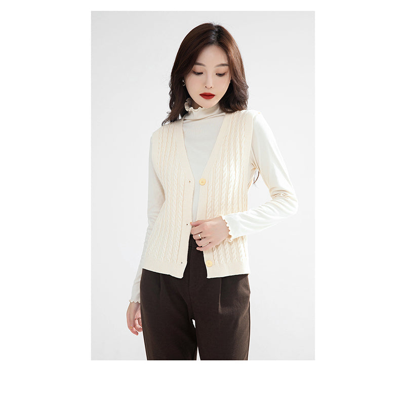 Beige Self Design Cable Knit Cardigan Sweater