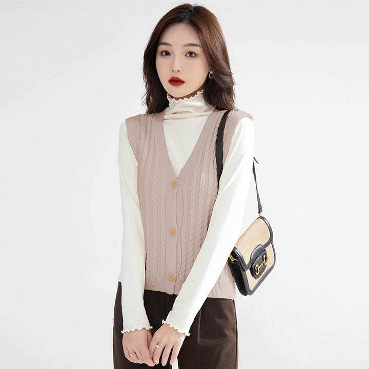 Khaki Cable Knit Self Design V-Neck Sleeveless Sweater Vest