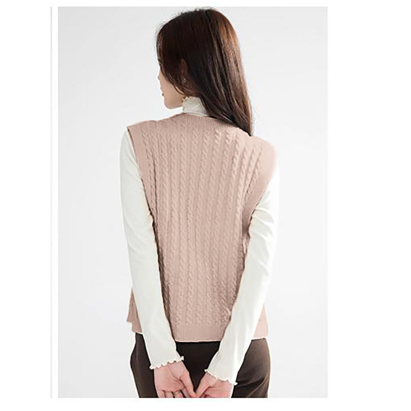 Khaki Cable Knit Self Design V-Neck Sleeveless Sweater Vest