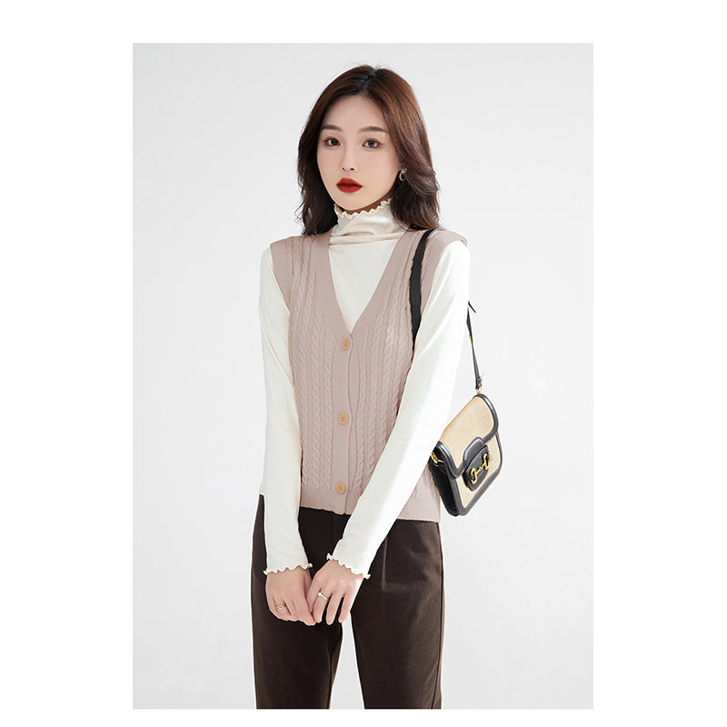 Khaki Cable Knit Self Design V-Neck Sleeveless Sweater Vest