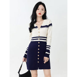 Blue Striped V-Neck Long Sleeves Sheath Dress