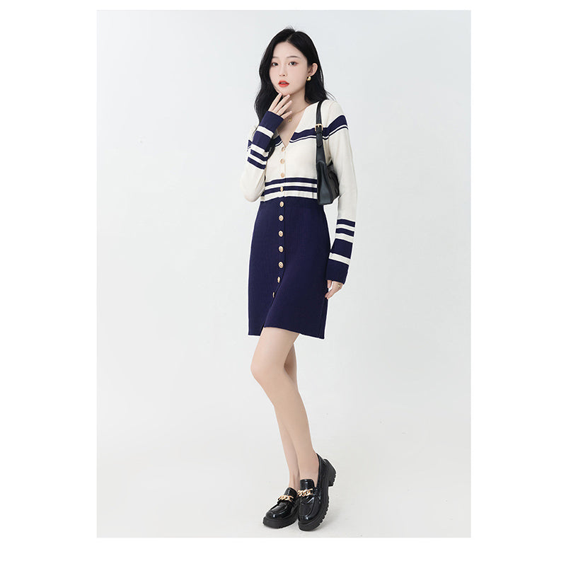Blue Striped V-Neck Long Sleeves Sheath Dress