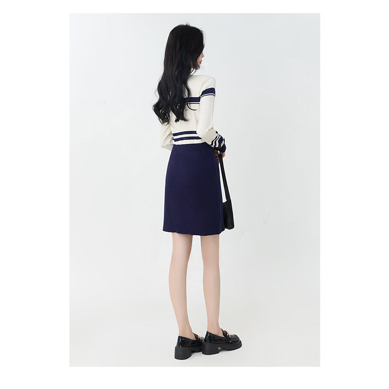 Blue Striped V-Neck Long Sleeves Sheath Dress