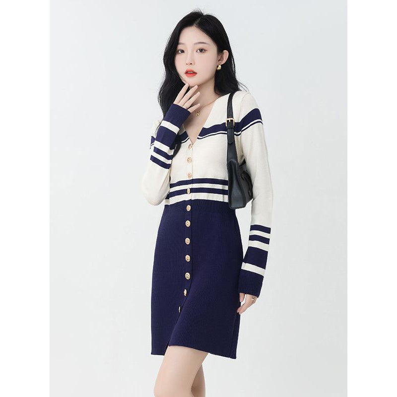 Blue Striped V-Neck Long Sleeves Sheath Dress