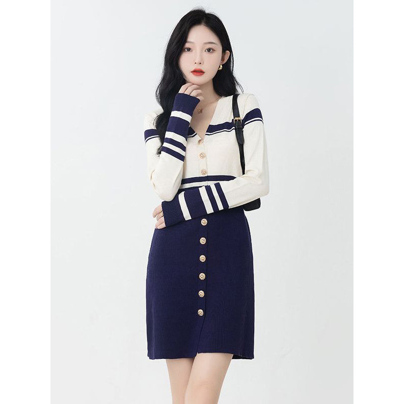 Blue Striped V-Neck Long Sleeves Sheath Dress
