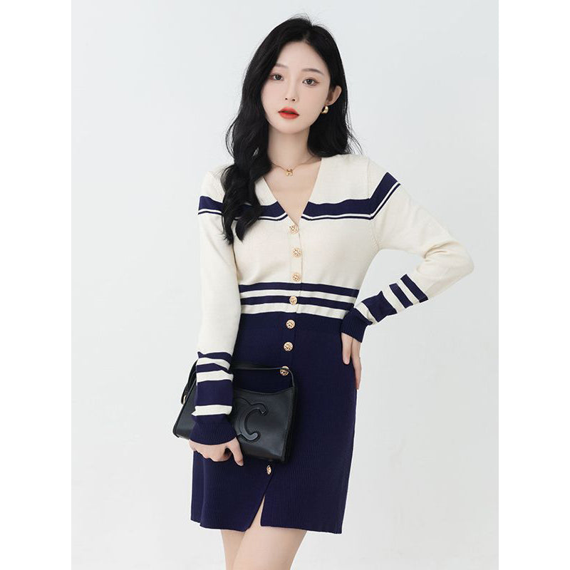Blue Striped V-Neck Long Sleeves Sheath Dress