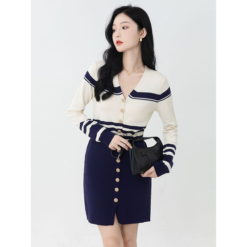 Blue Striped V-Neck Long Sleeves Sheath Dress