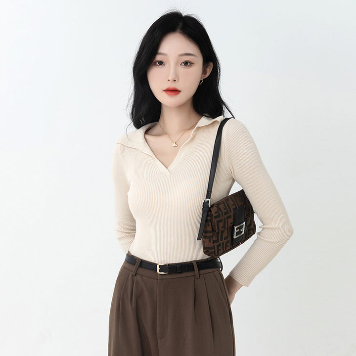 Ribbed Shirt Collar Fitted Top