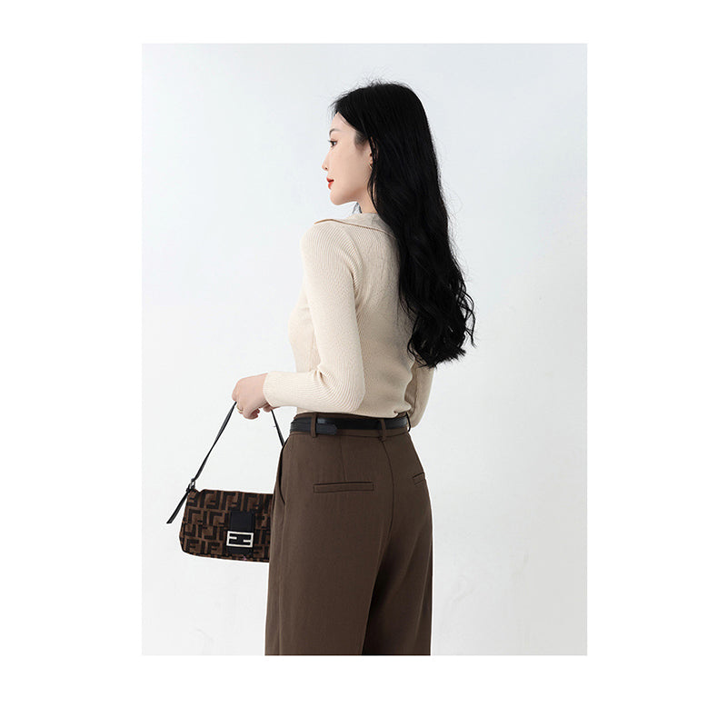 Ribbed Shirt Collar Fitted Top