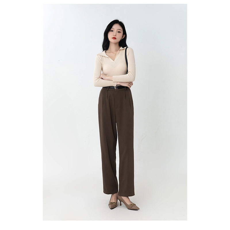 Ribbed Shirt Collar Fitted Top