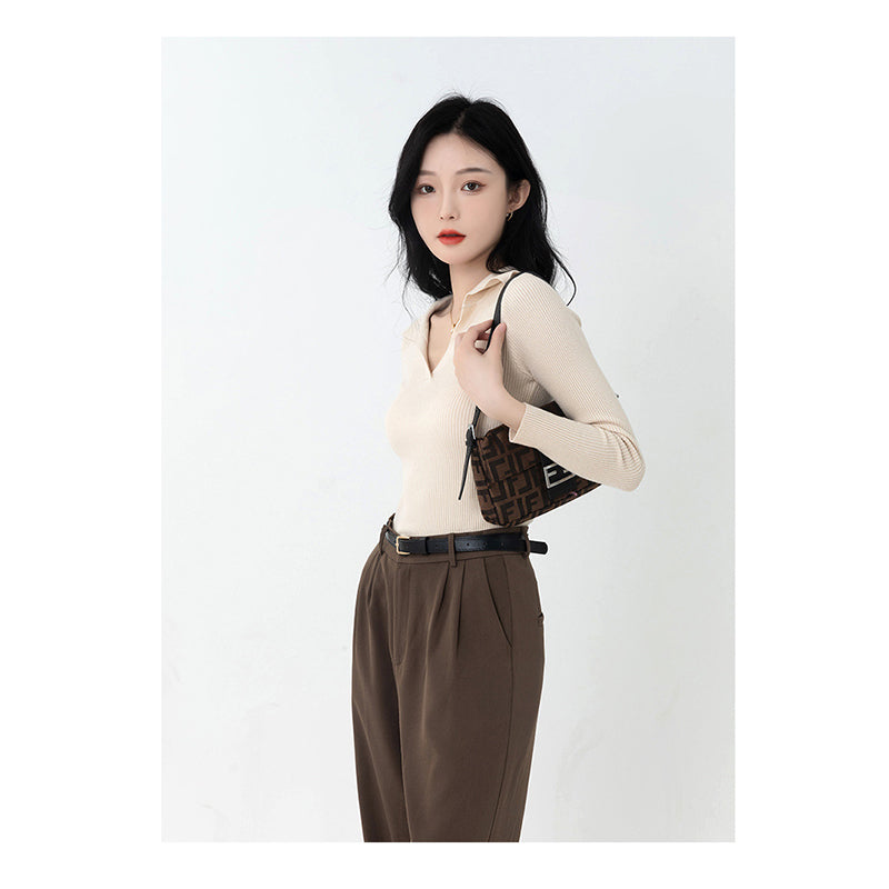Ribbed Shirt Collar Fitted Top