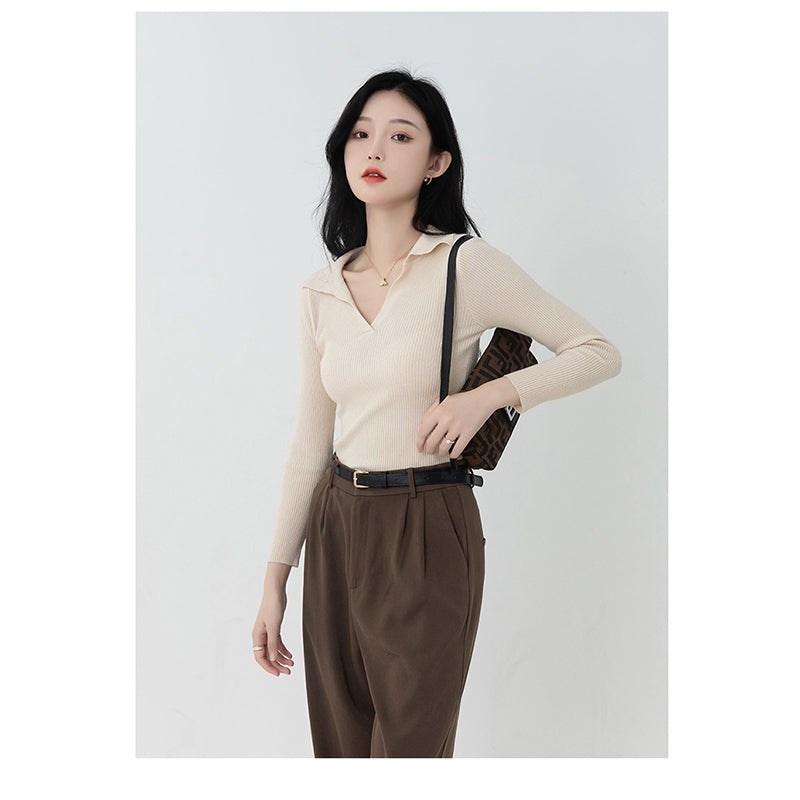 Ribbed Shirt Collar Fitted Top