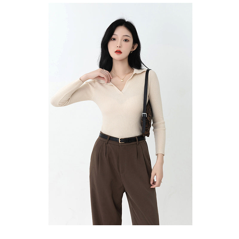 Ribbed Shirt Collar Fitted Top