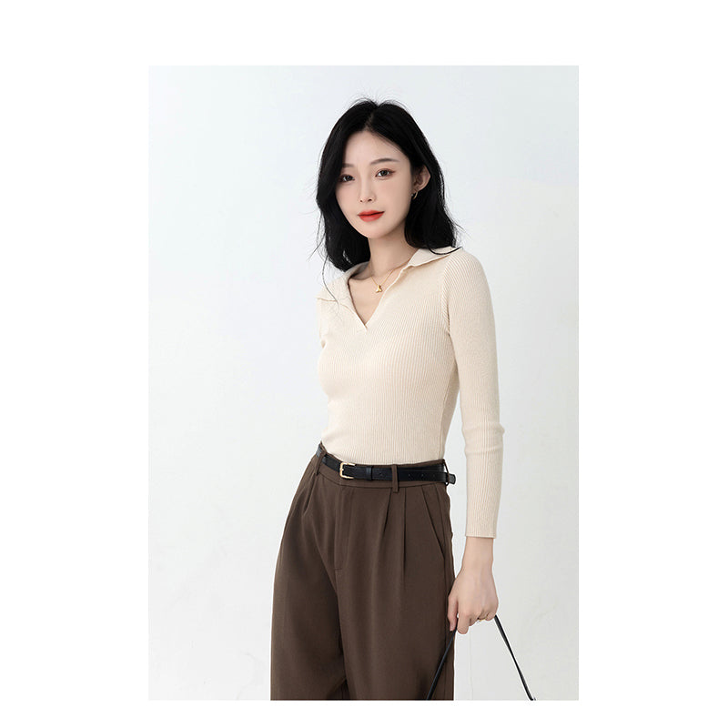 Ribbed Shirt Collar Fitted Top