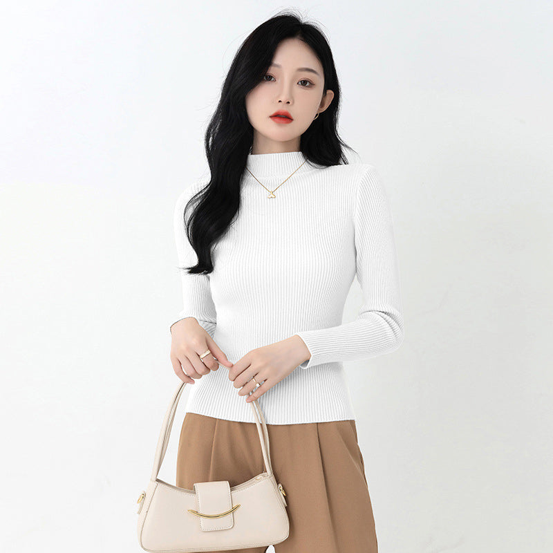 White Mock Collar Long Sleeves Pullover Sweater