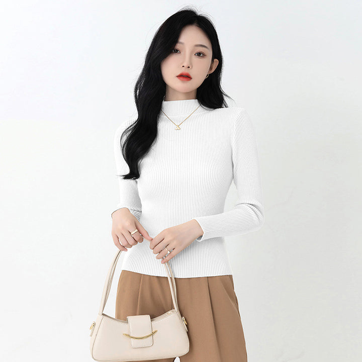 White Mock Collar Long Sleeves Pullover Sweater