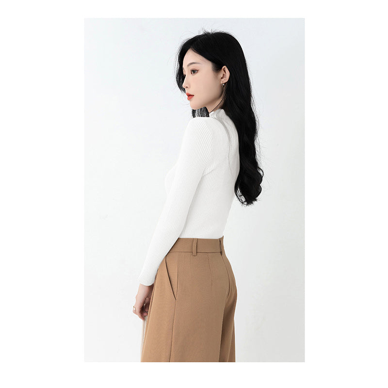 White Mock Collar Long Sleeves Pullover Sweater