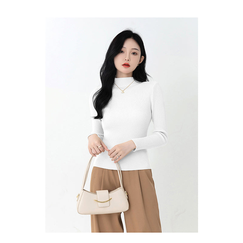White Mock Collar Long Sleeves Pullover Sweater