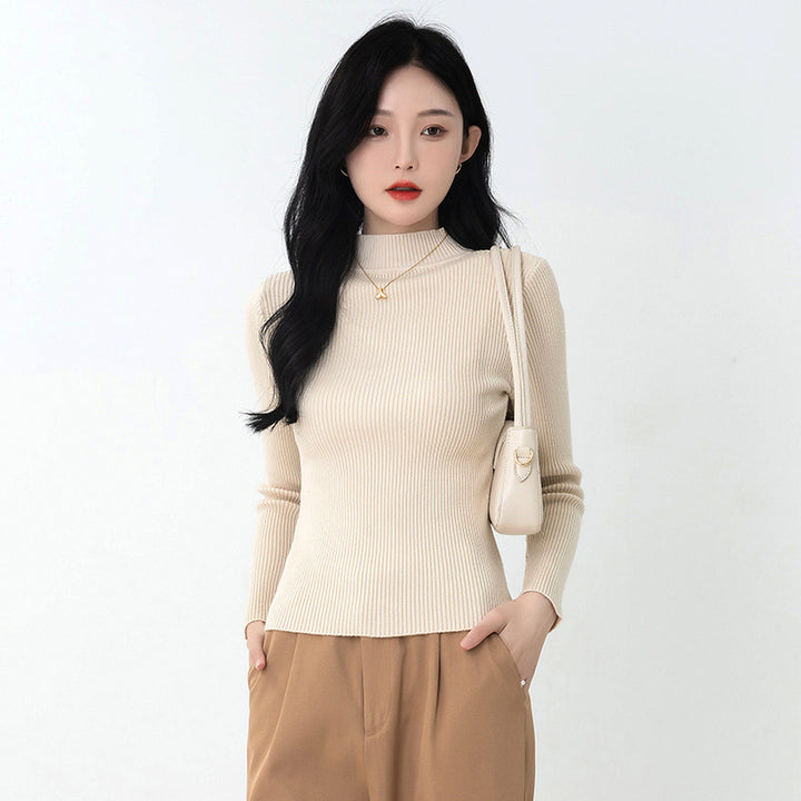 Beige Ribbed High Neck Pullover Sweater