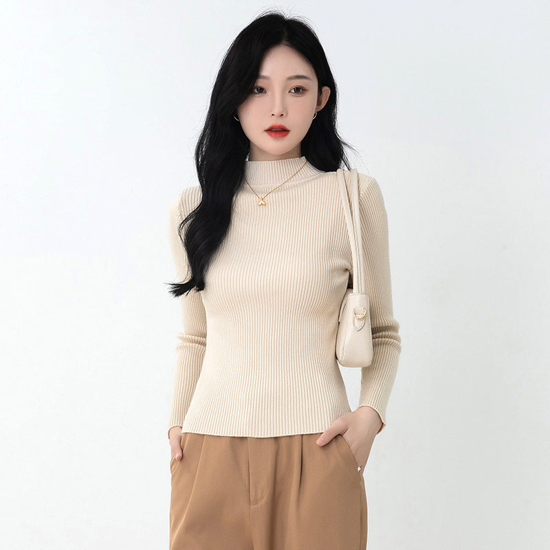 Beige Ribbed High Neck Pullover Sweater