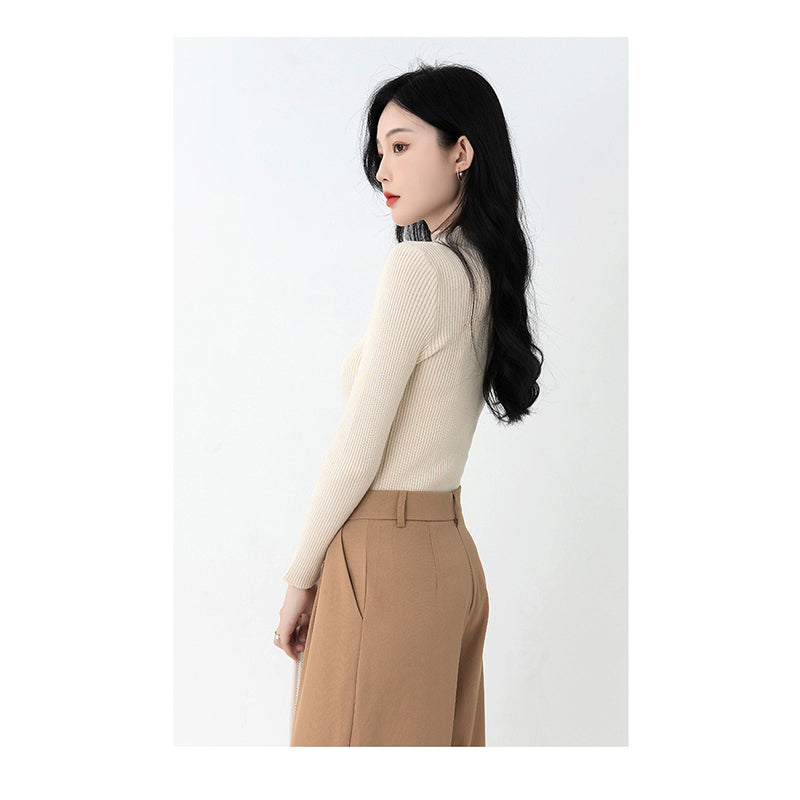 Beige Ribbed High Neck Pullover Sweater
