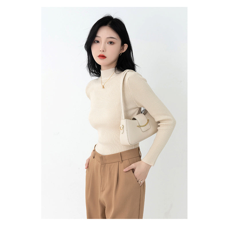 Beige Ribbed High Neck Pullover Sweater