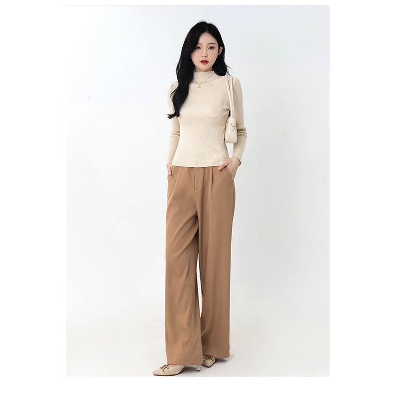 Beige Ribbed High Neck Pullover Sweater