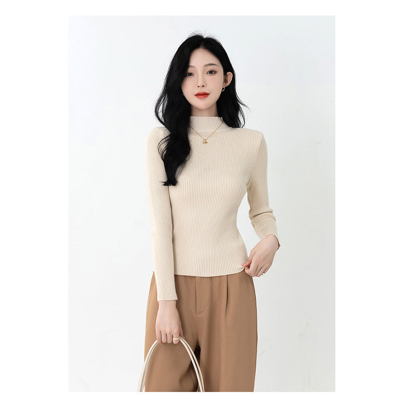 Beige Ribbed High Neck Pullover Sweater
