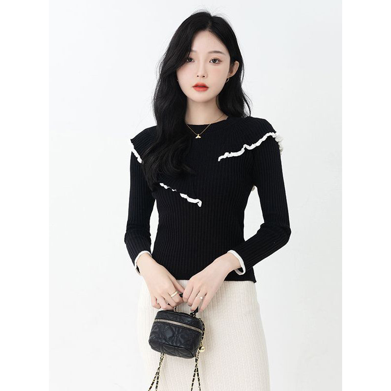 Black Ribbed Round Neck Pullover