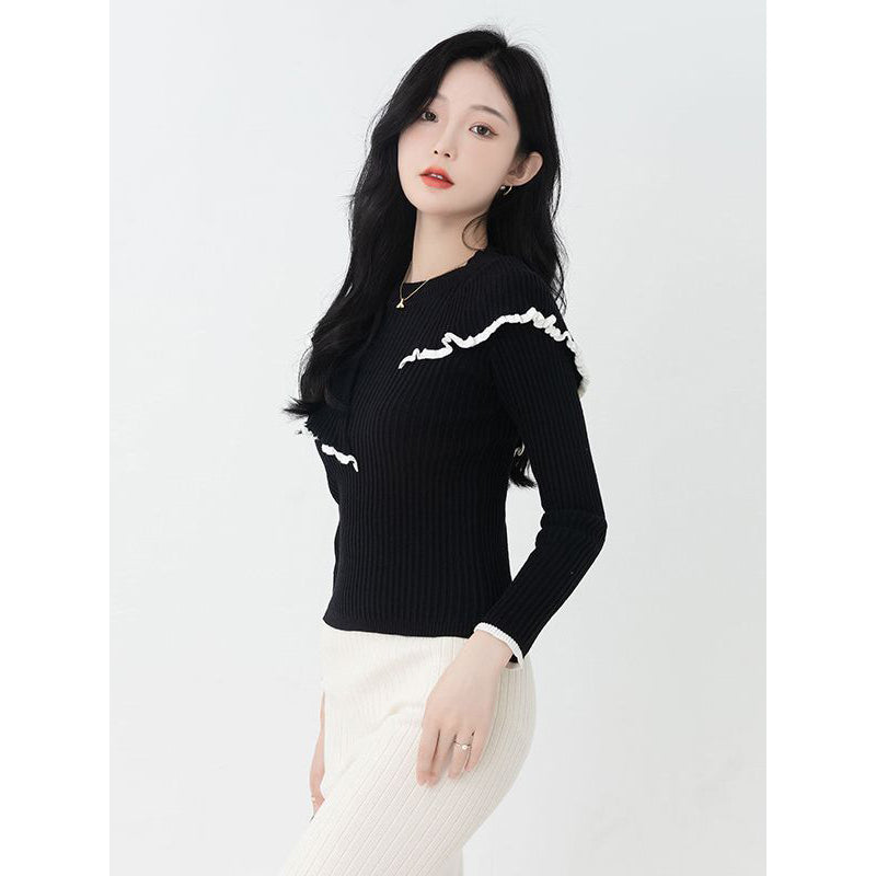 Black Ribbed Round Neck Pullover