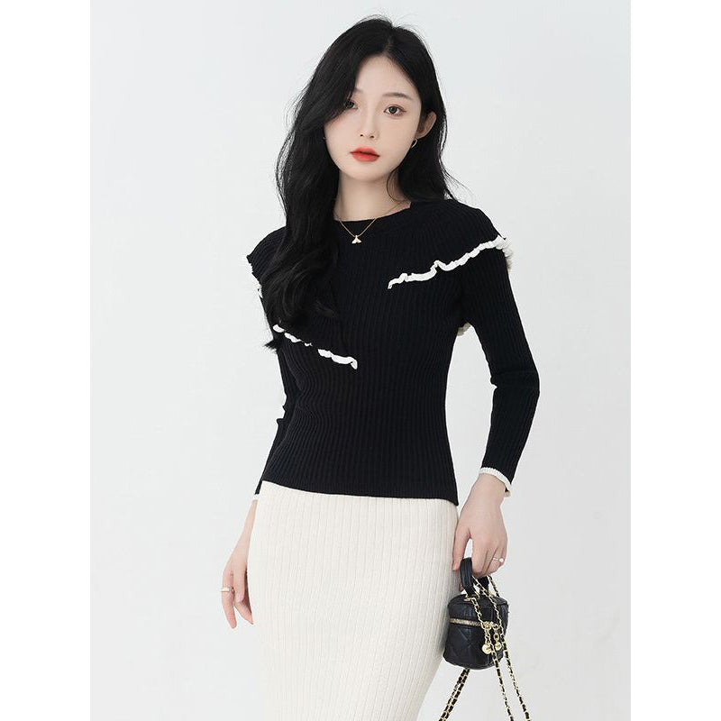 Black Ribbed Round Neck Pullover