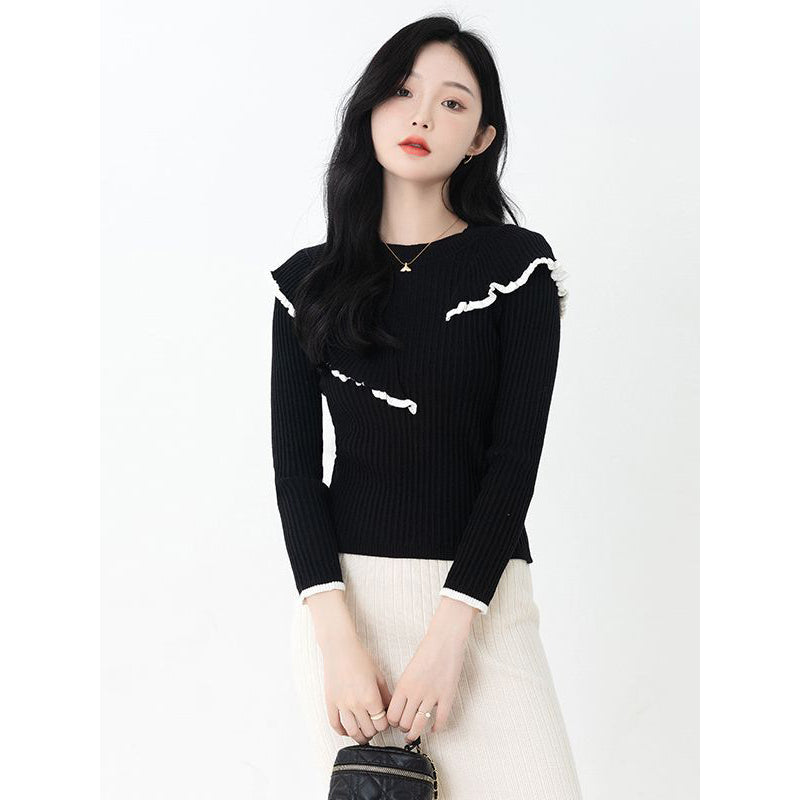 Black Ribbed Round Neck Pullover