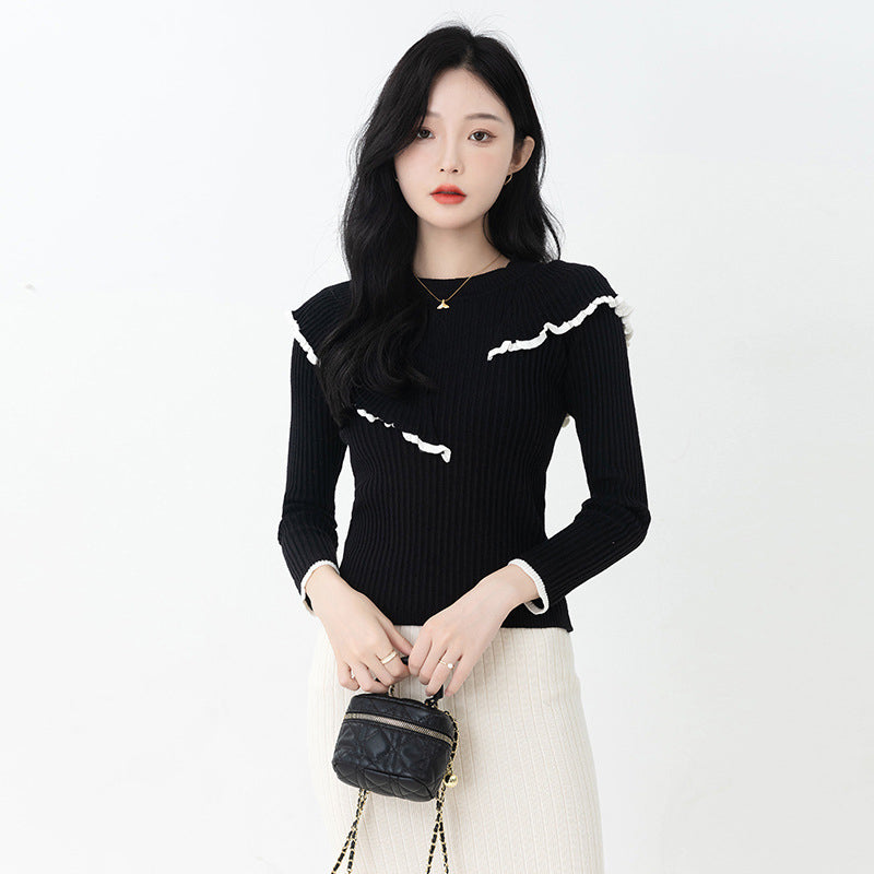 Black Ribbed Round Neck Pullover