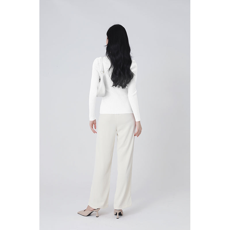 White Ribbed V-Neck Long Sleeves Pullover