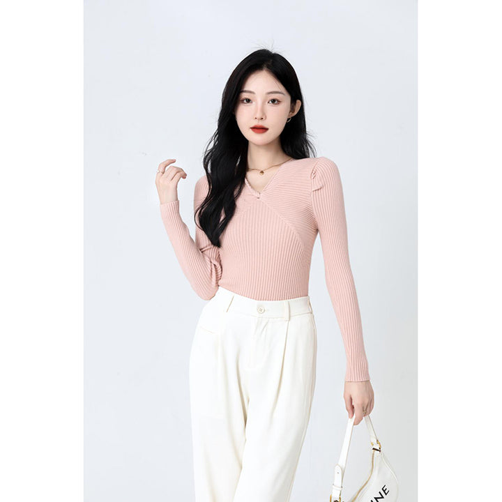 Pink Ribbed V-Neck Pullover